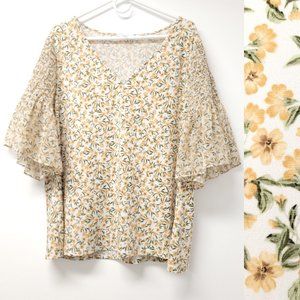 Calvin Klein Womens Floral Print Ruffle Sleeve V Neck Blouse Size 1X Multicolor